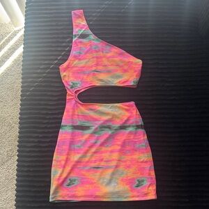 Motel Rocks Neon Pink Orange Tie-Dye One-Shoulder Cutout Mini Dress